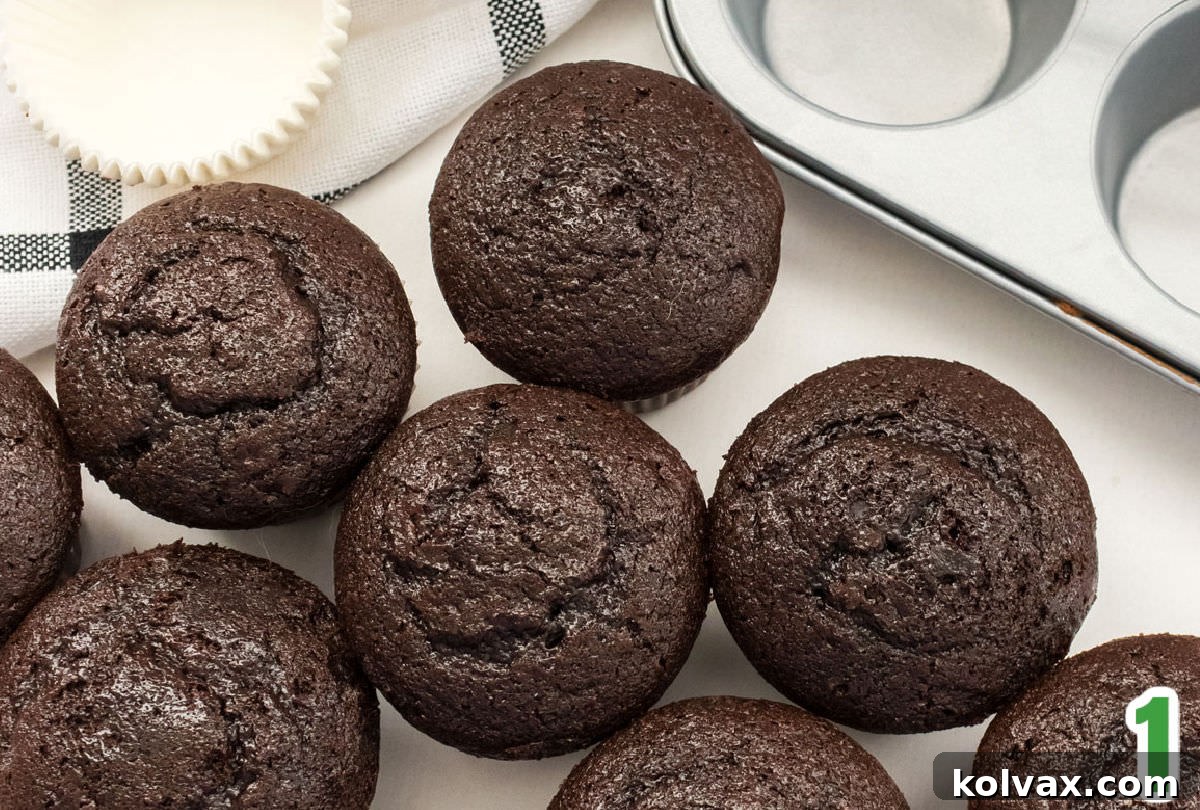 A close-up view of eight perfectly baked chocolate cupcakes arranged on a pristine white table, ready for frosting and decoration.