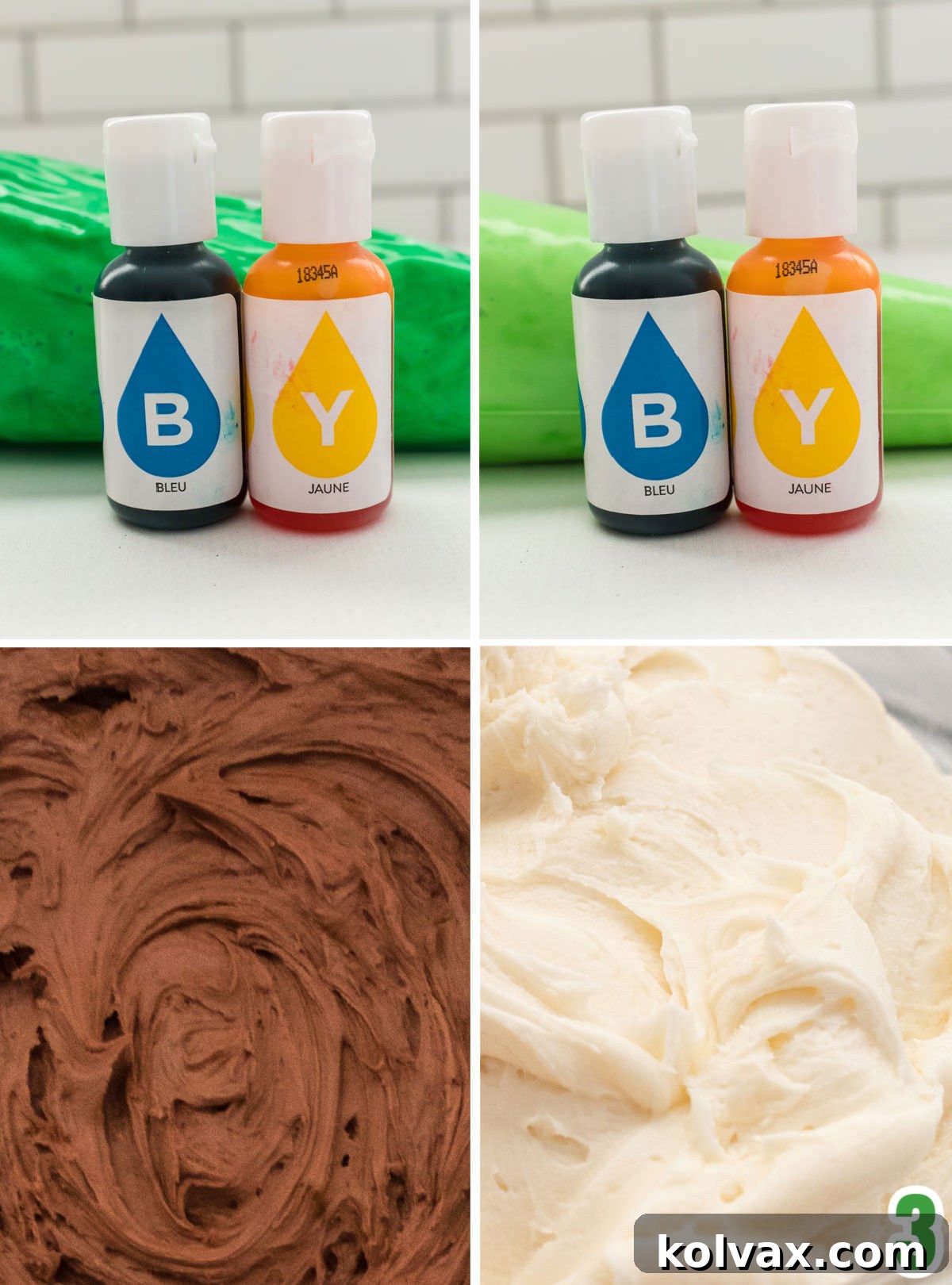 A visual guide displaying the process of tinting buttercream frosting into three distinct colors: rich brown, pure white, and vibrant green, perfect for dinosaur-themed cupcakes.