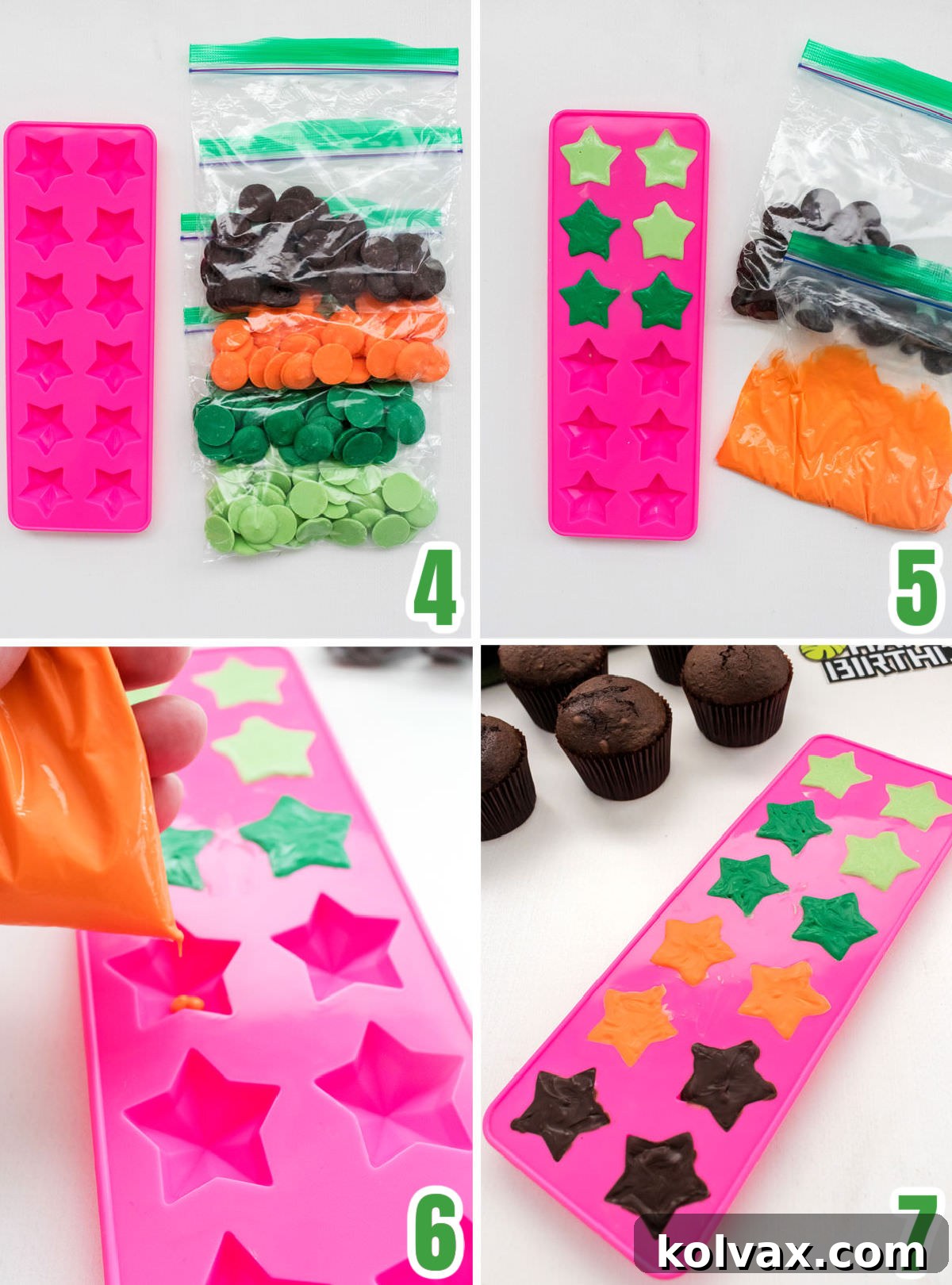 A collage image illustrating the simple process of creating sturdy and vibrant candy melt stars using a star candy mold, which will later be transformed into the signature Stegosaurus spikes for the Dinosaur Cupcakes.