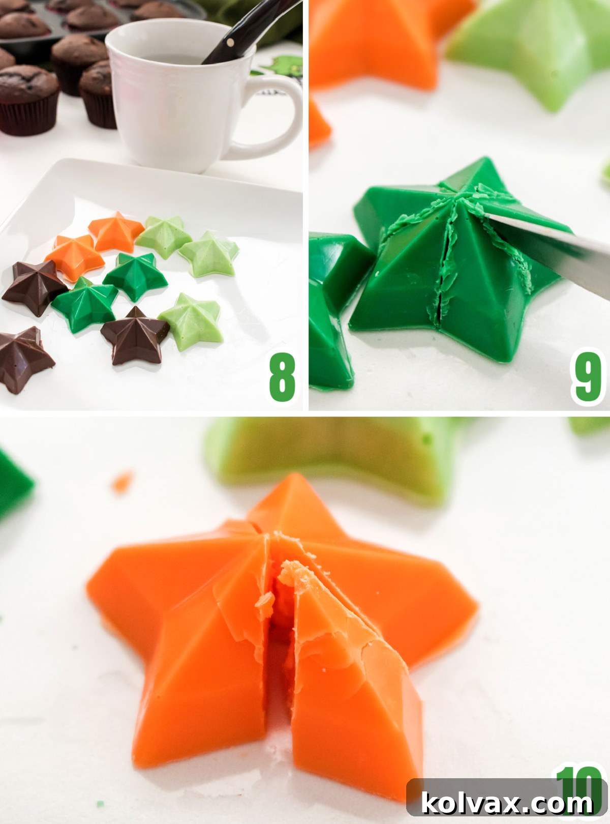 A dynamic collage demonstrating the precise steps to transform hardened candy stars into sharp, realistic dinosaur spikes, ready to be placed on the cupcakes.