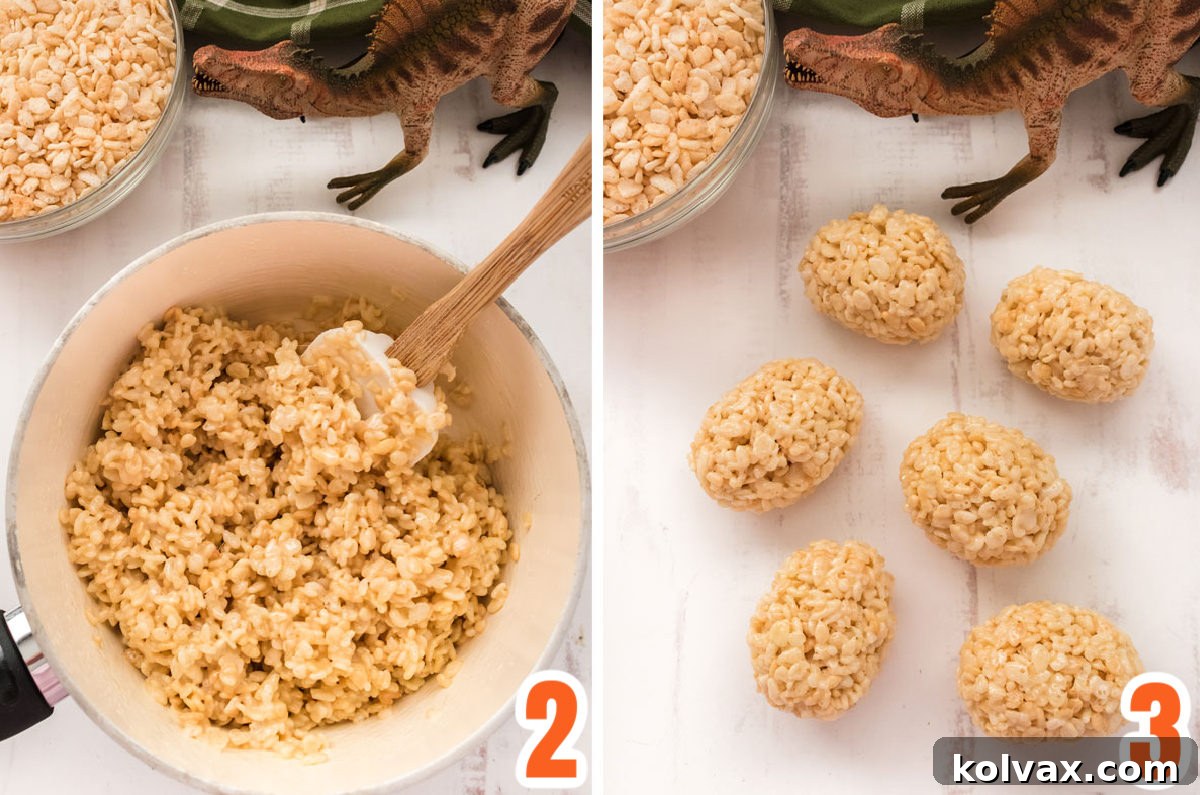 Collage image showing how to make Dinosaur Eggs out of Rice Krispie Treat mixture.