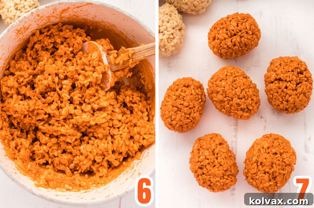Collage image showing how to make orange Rice Krispie Treat mixture.