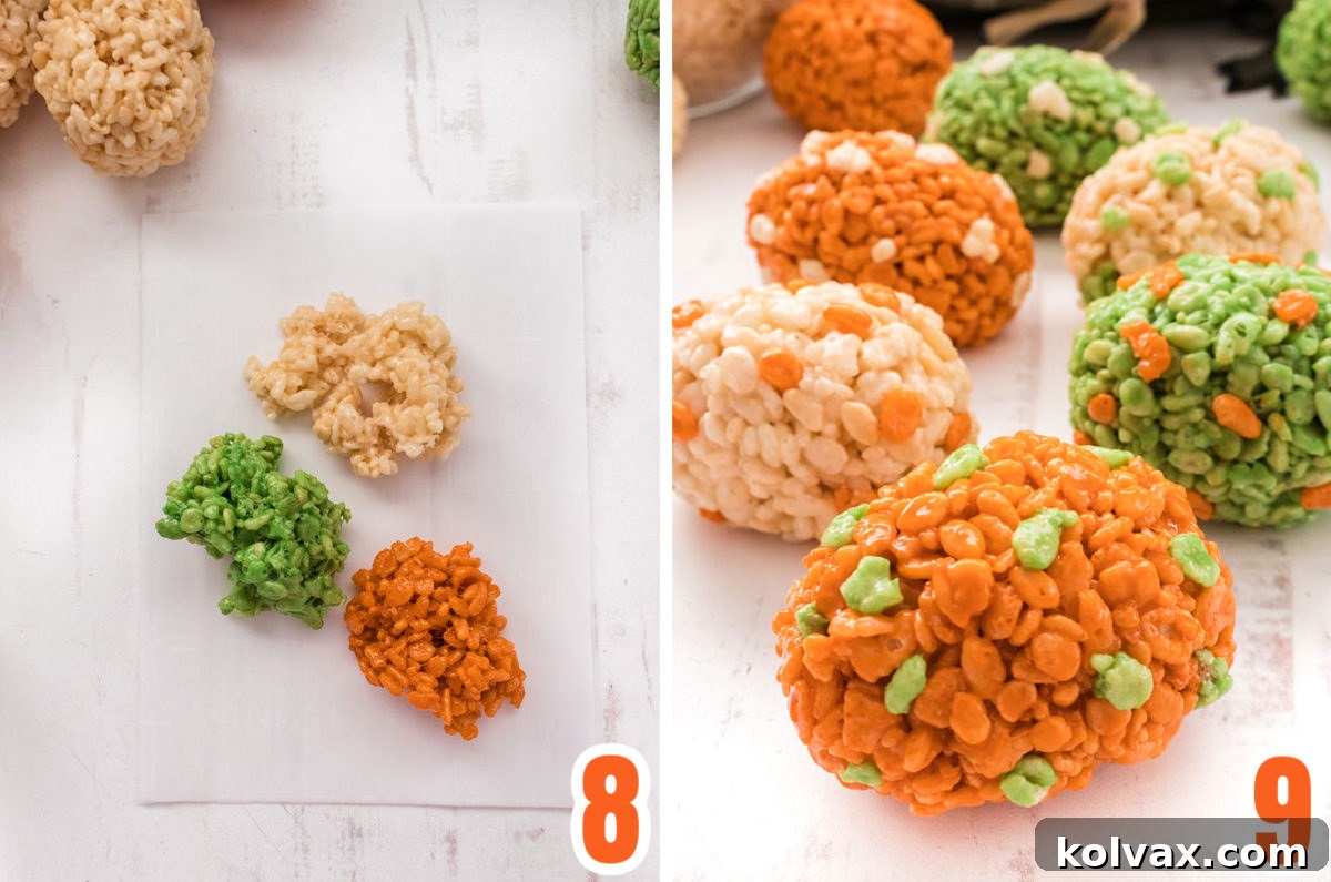 Collage image showing the steps for adding the Rice Krispie speckles to the Dinosaur Eggs.