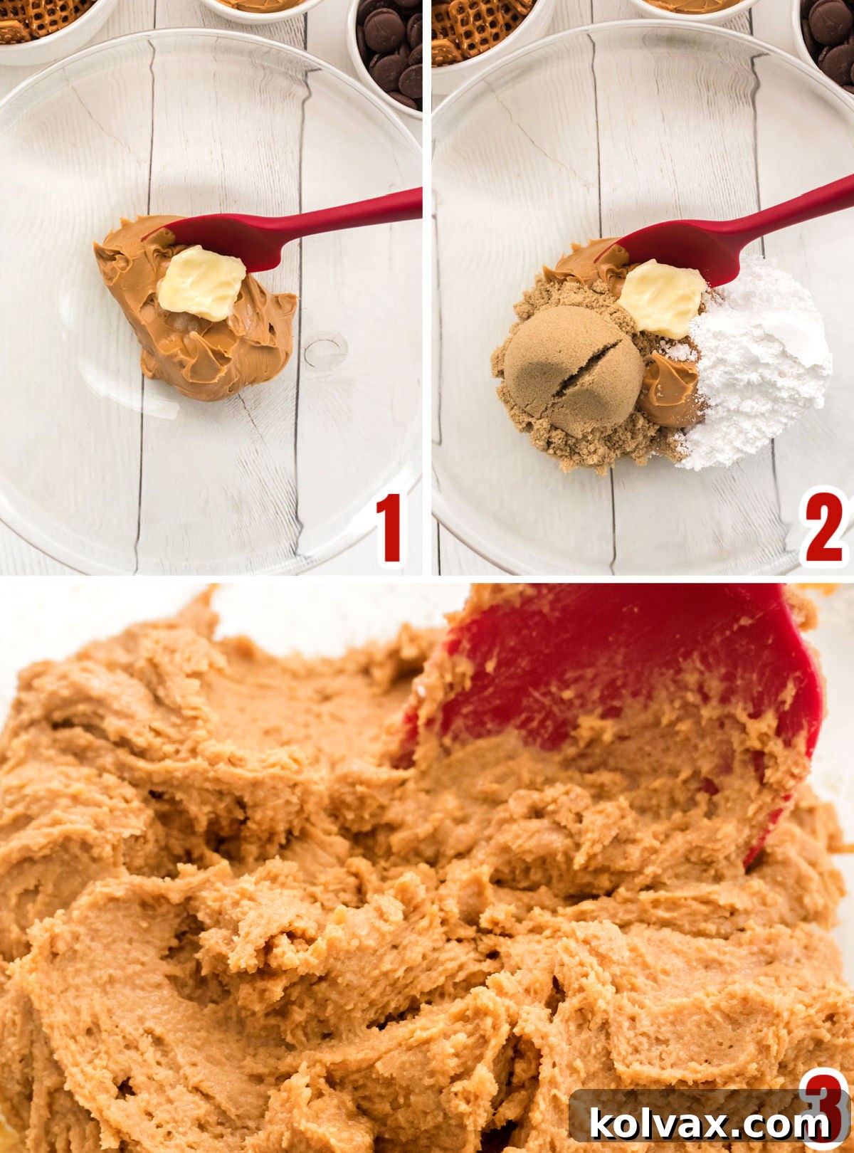 Collage image showing the steps for making the Peanut Butter filling for the pretzel bites, from mixing butter and peanut butter to adding the sugars.