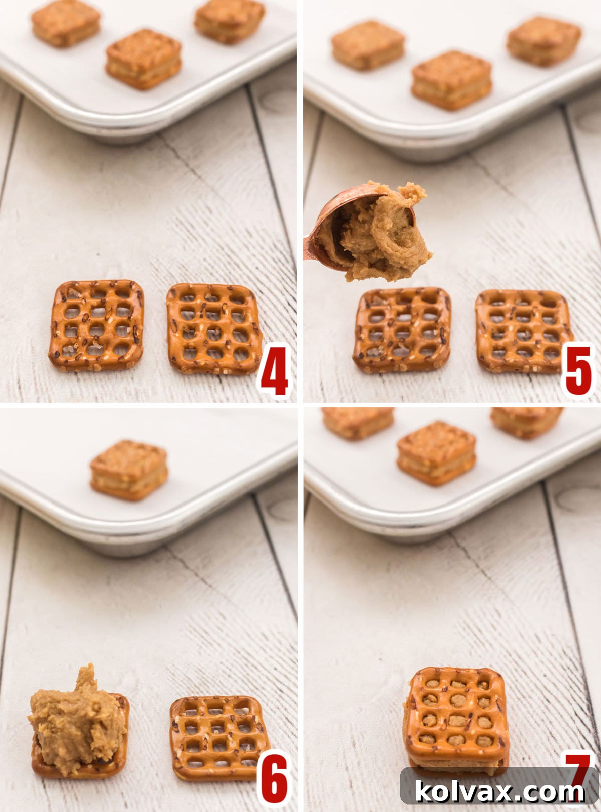 Collage image showing the steps for assembling the pretzel bites with the peanut butter filling, from placing one pretzel to adding the filling and topping with another pretzel.