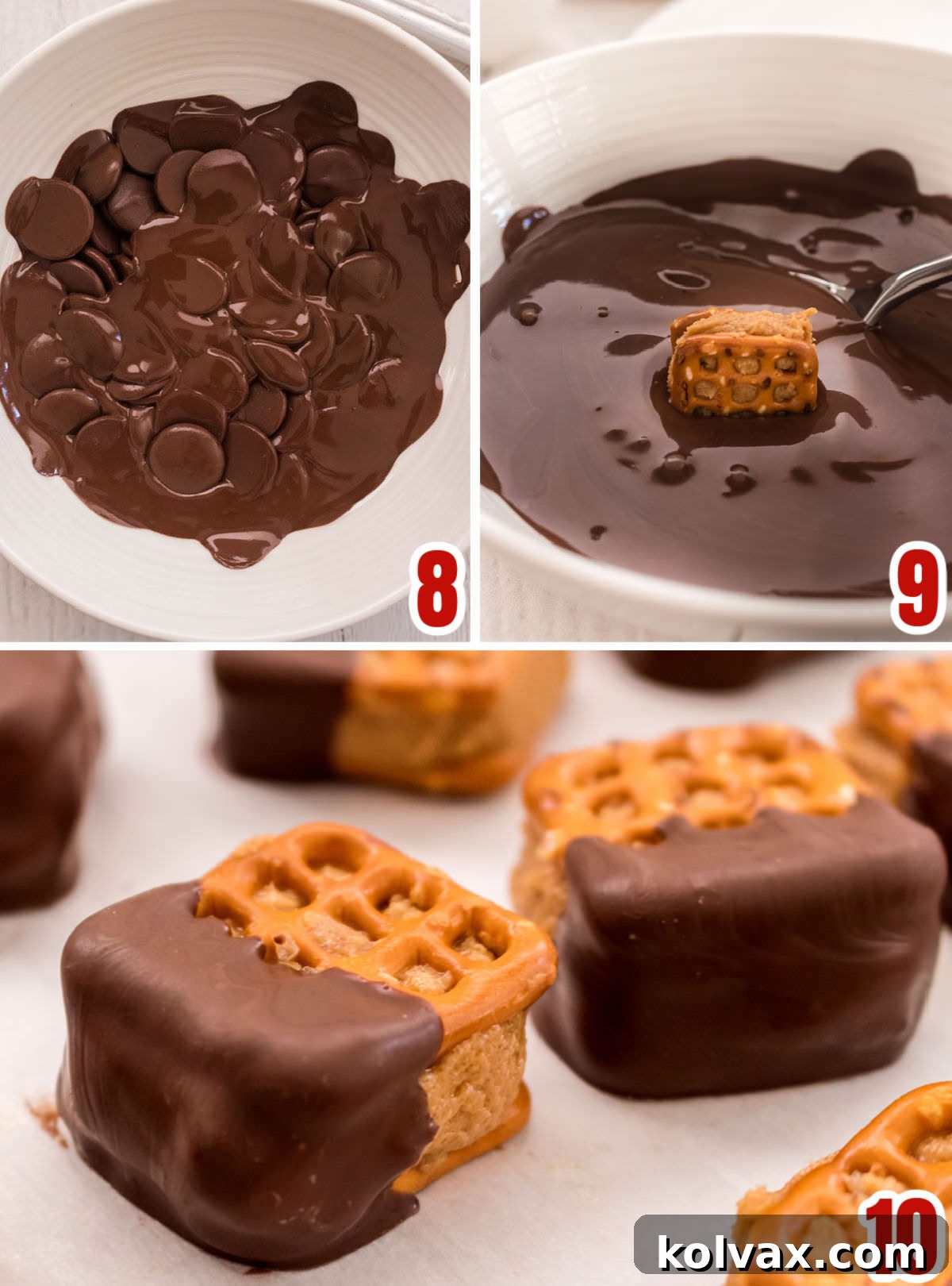 Collage image showing the steps for dipping the pretzel bites in chocolate, from melting chocolate to dipping and placing on a tray.