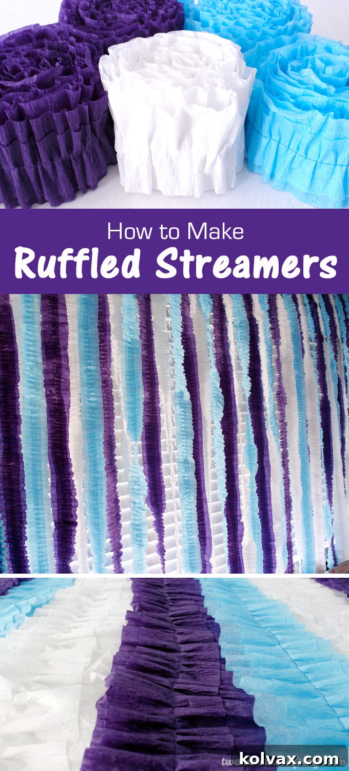 Make Stunning Ruffled Streamers 10 Vibrant Ruffled Streamers serving as a backdrop for a Dinosaur Birthday Party dessert table, demonstrating a beautiful and cost-effective DIY party decoration idea, perfect for various celebrations.