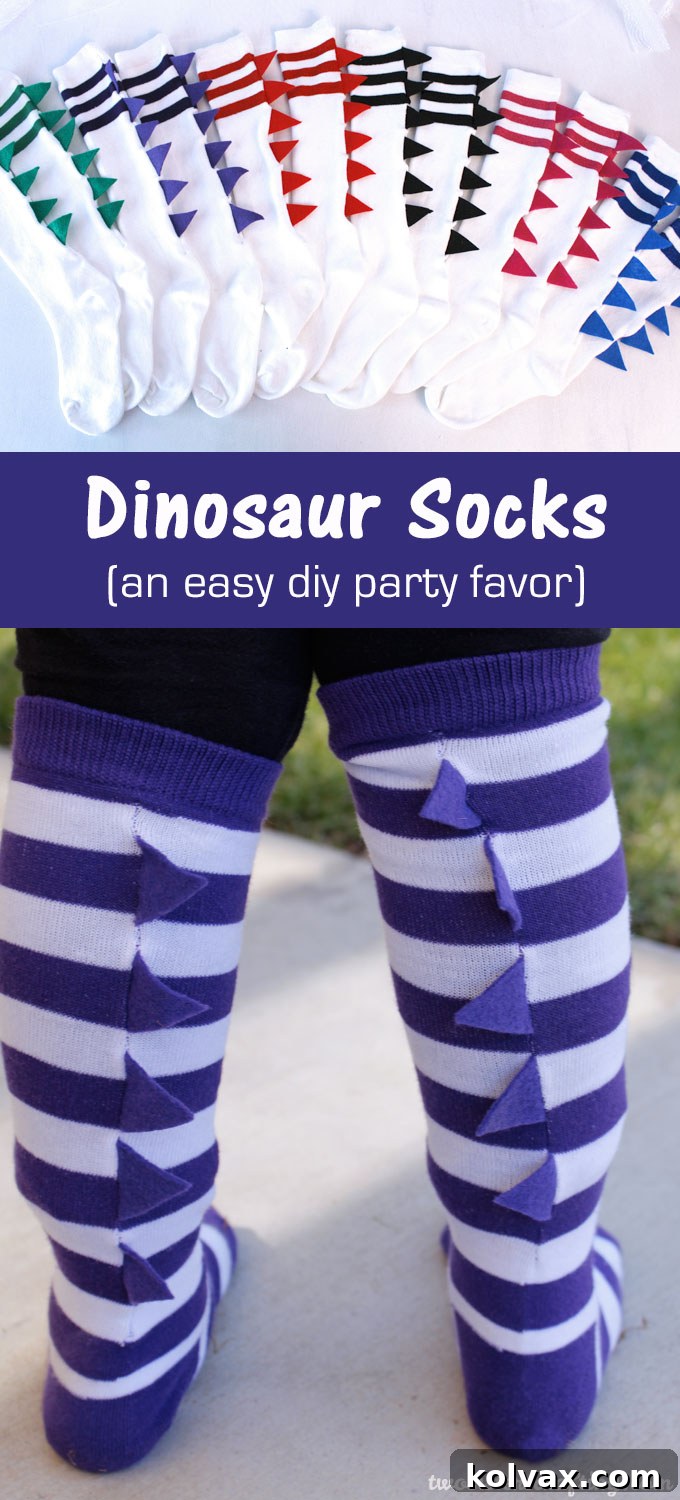 A vibrant collection of finished DIY Dinosaur Socks, beautifully arranged and ready to be given as memorable party favors for a dinosaur-themed celebration.