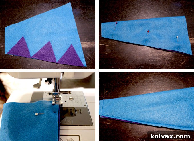 Detailed image showing the process of cutting a trapezoid felt piece for the dinosaur tail and preparing felt triangle spikes for the party favor bag.