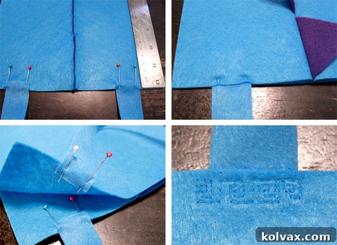 Detailed image illustrating how to sew the felt strap handles onto the front and back panels of the dinosaur party favor bag, showing precise placement and stitching.