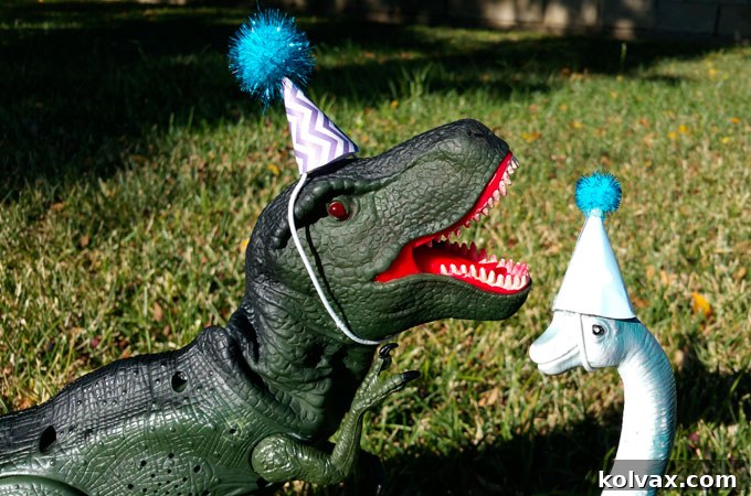 Dinosaur friends wearing adorable DIY party hats at a fun birthday celebration, perfect for a cute dinosaur party theme.