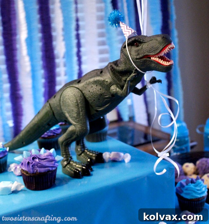 A ferocious T-Rex made cute with a DIY party hat, part of fun dinosaur birthday decorations.