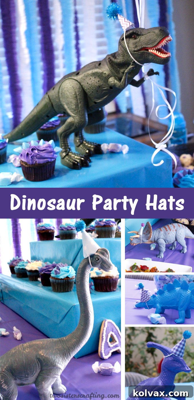A collection of cute dinosaurs wearing DIY party hats, showcasing a vibrant and fun birthday theme.