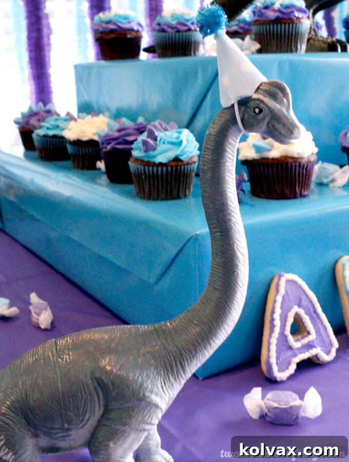 A Brachiosaurus wearing an adorable DIY party hat, ready for a birthday celebration.