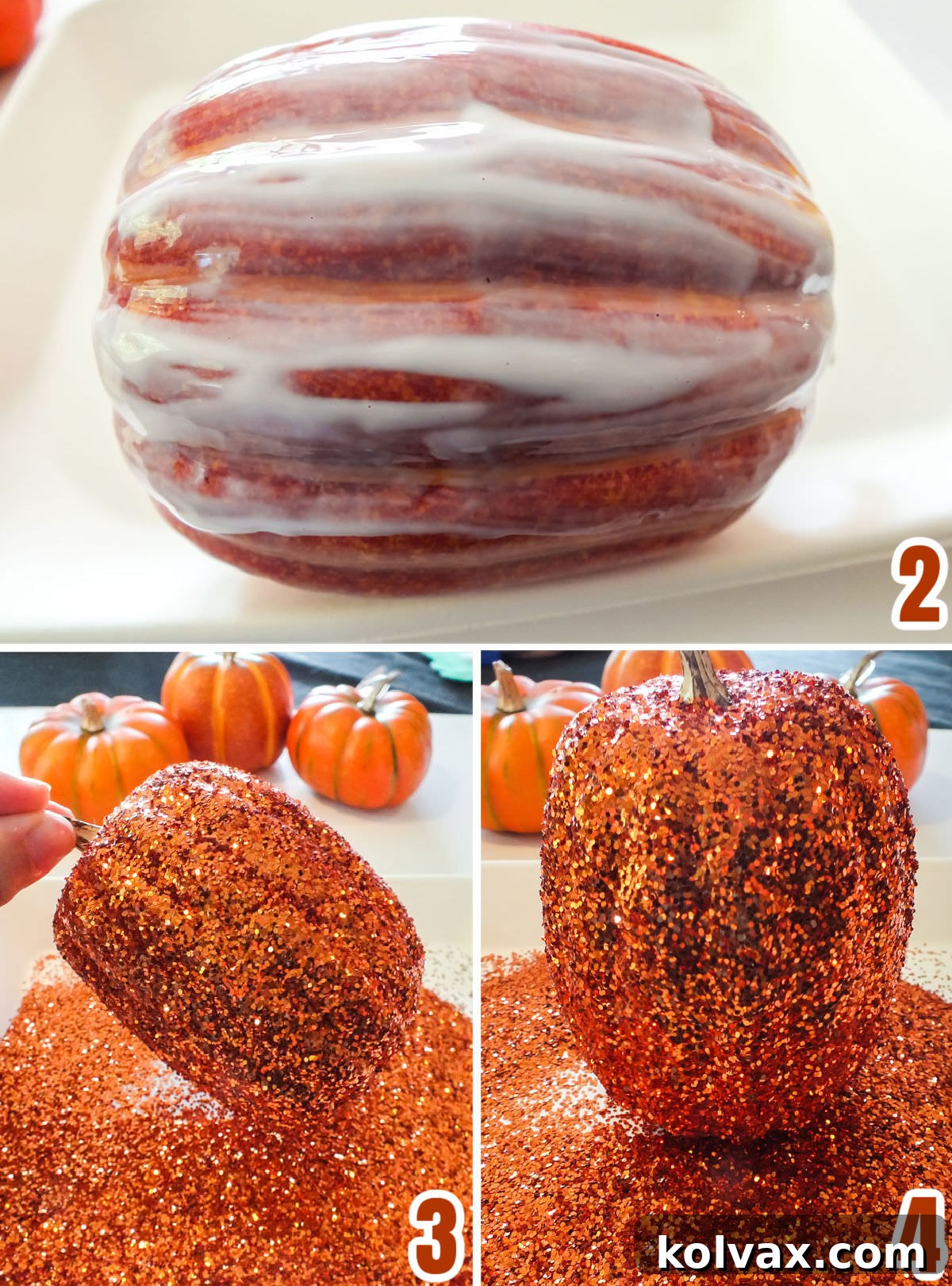 Glamorous Glitter Pumpkin Decor 4 Collage image showing the simple steps for adding glitter to the faux pumpkins using Mod Podge and a craft brush.
