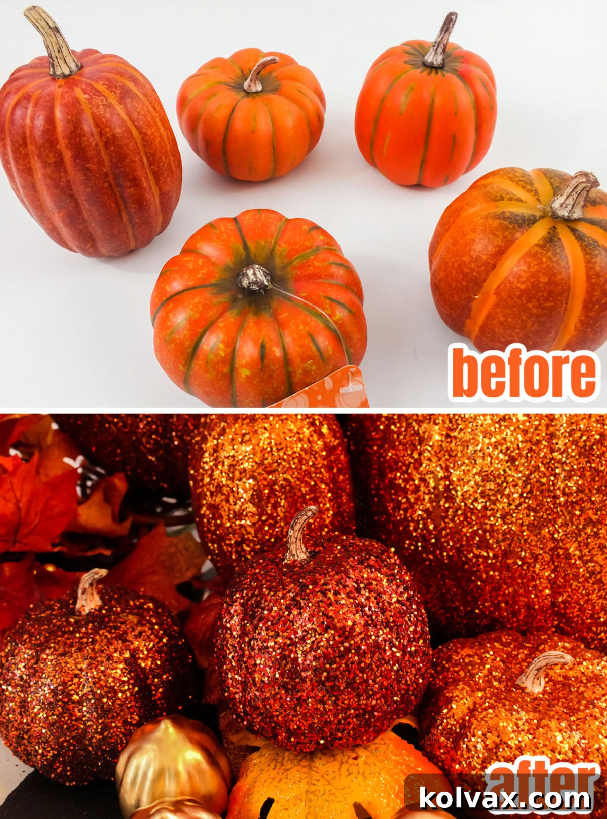 Glamorous Glitter Pumpkin Decor 5 Collage image showing the faux pumpkins before glitter was added (plain) and after the glitter has been meticulously applied, showcasing a dramatic transformation.