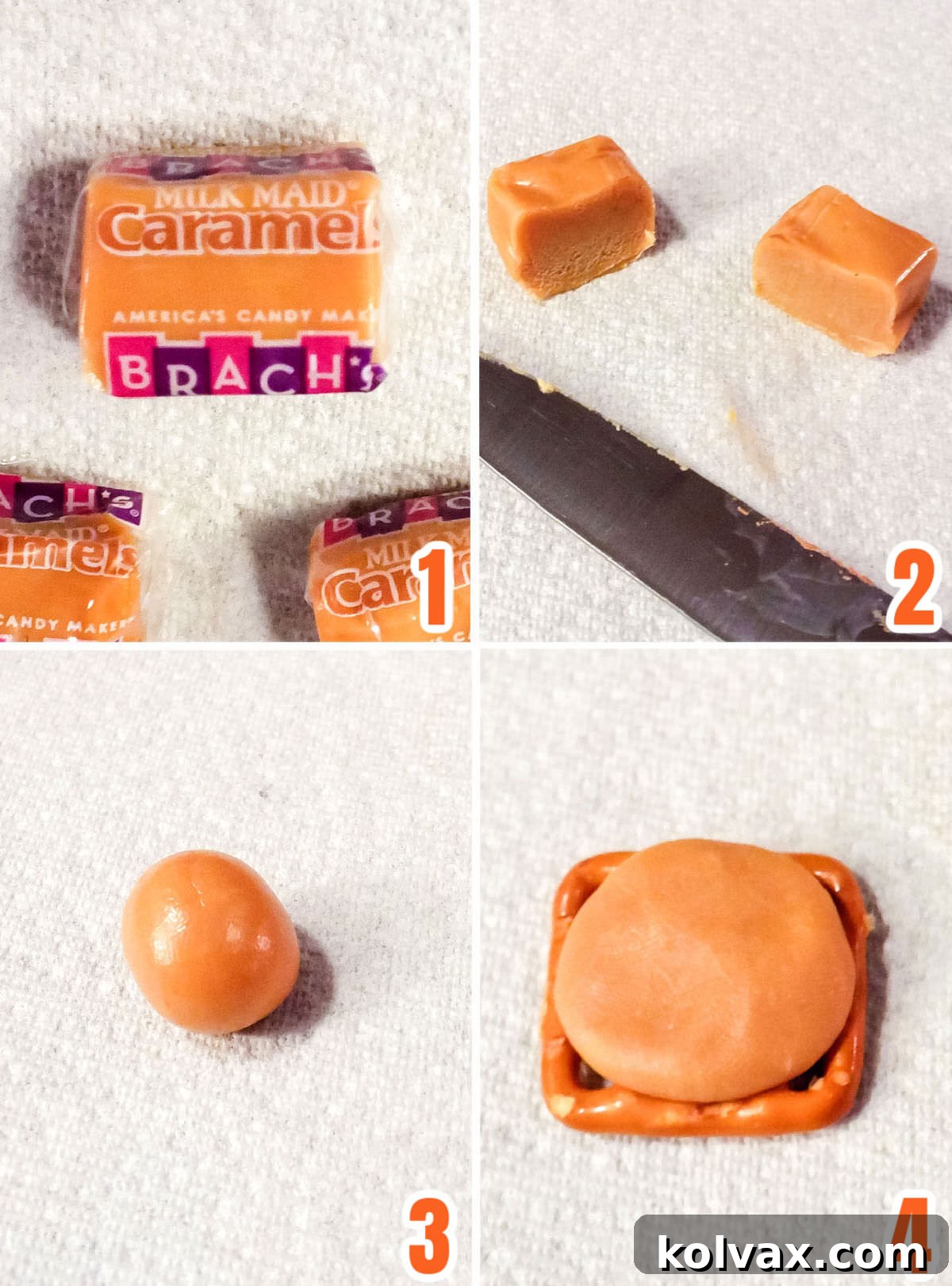 Spooky Salty Sweet Pretzel Delights 3 A visual guide showing a step-by-step collage of adding soft caramel to a crunchy pretzel snap, demonstrating how to flatten the caramel perfectly.