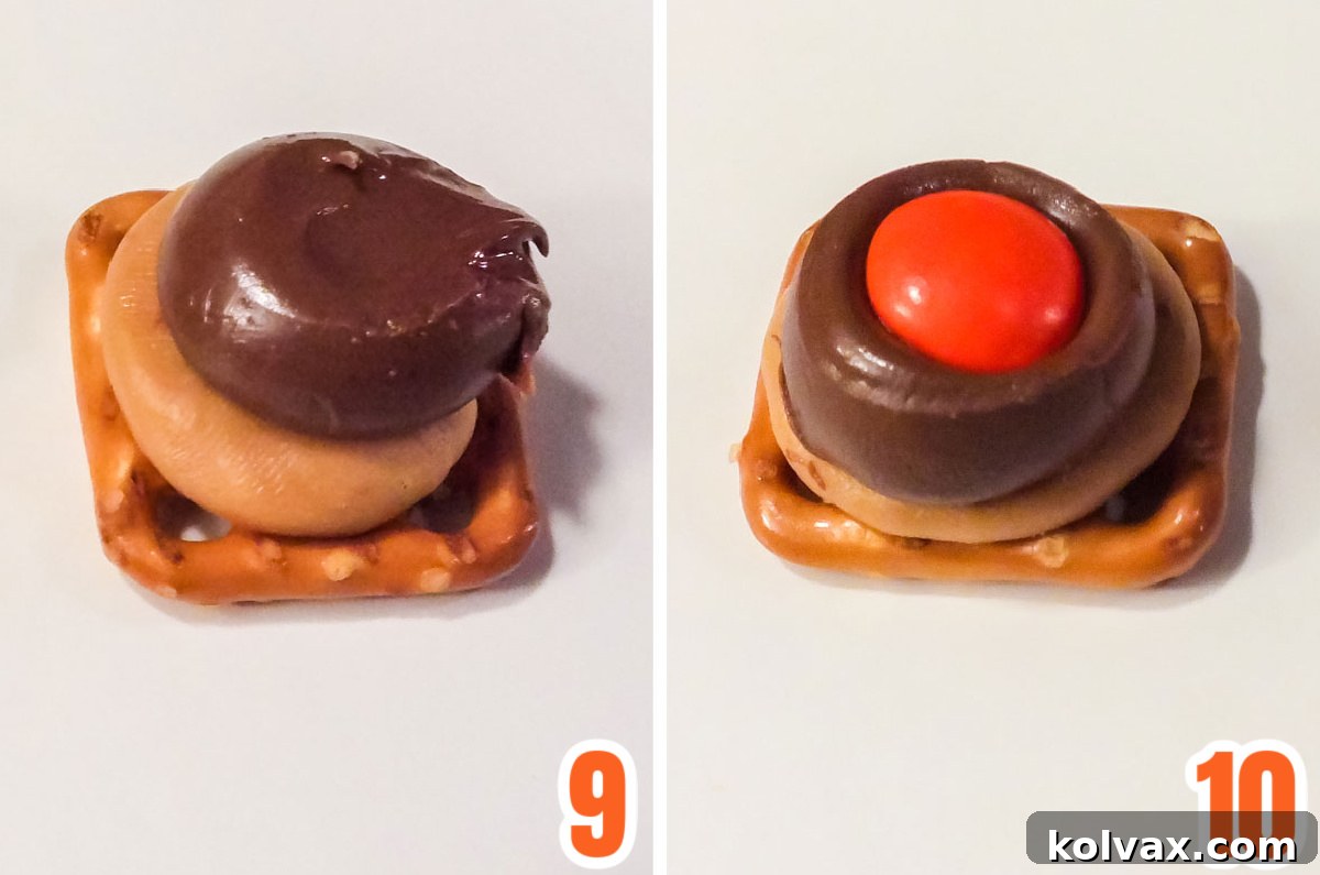 Spooky Salty Sweet Pretzel Delights 5 A detailed collage showing the process of gently pressing a single M&M candy into the center of the slightly melted chocolate disc, ready for assembly.