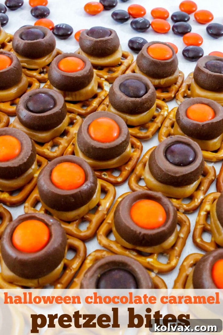 Halloween Chocolate Caramel Pretzel Bites pinnable image