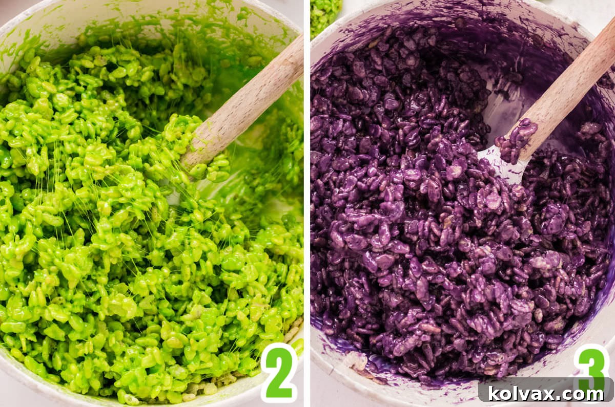 Enchanted Krispie Witch Hats 4 Collage image showing how to tint Rice Krispie Treat mixture green and purple.