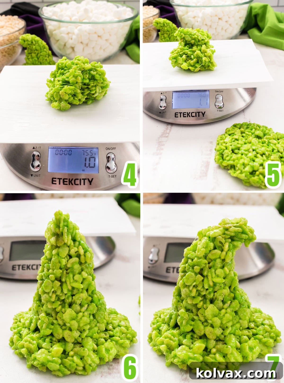 Enchanted Krispie Witch Hats 5 Collage image showing the steps for molding Rice Krispie Treat mixture into the shape of Witch Hats for Halloween.