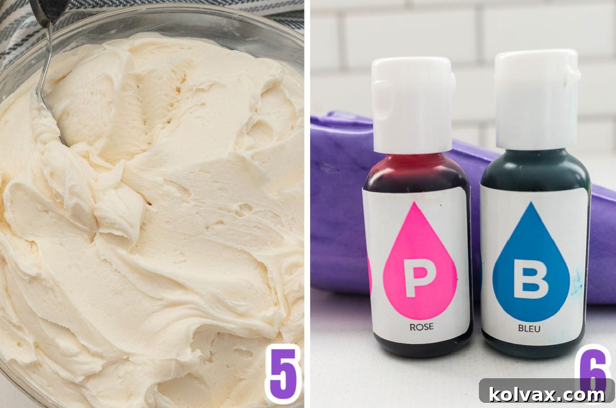 Collage image showing a glass bowl filled with buttercream frosting the the food coloring needed to tint the frosting purple.