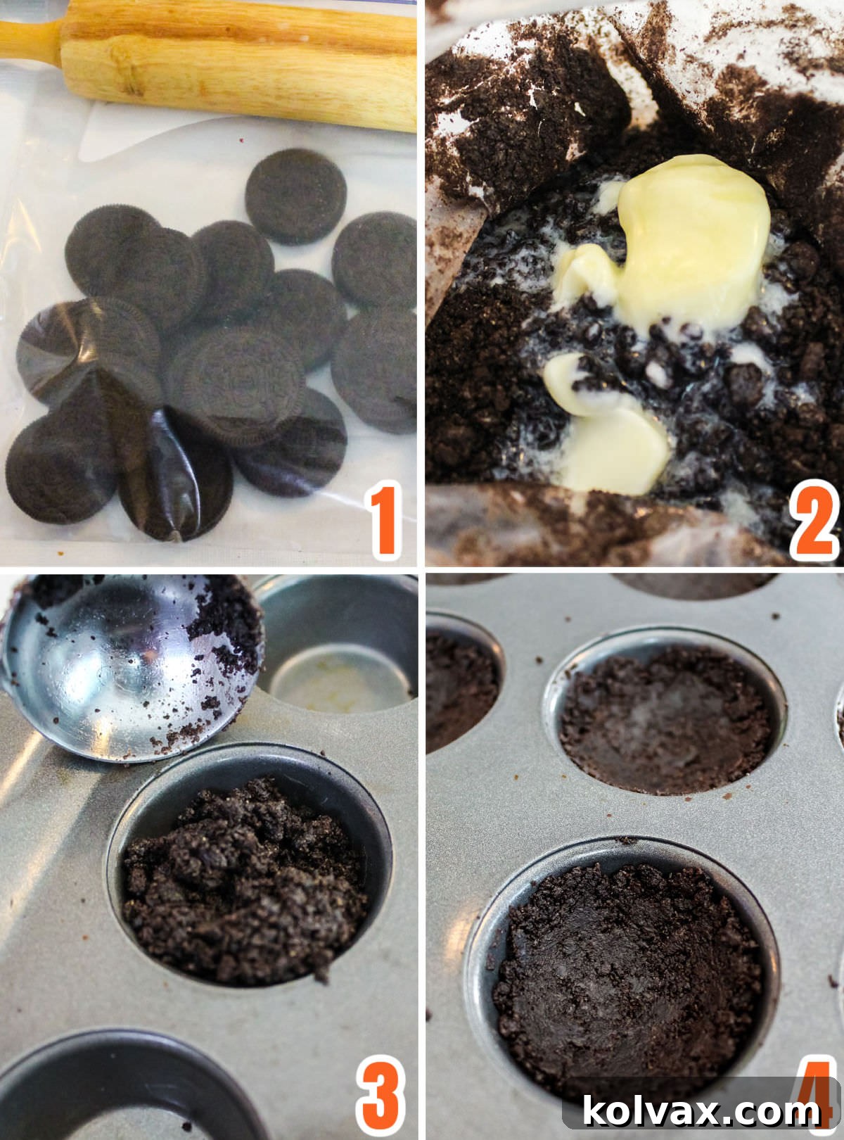 A four-panel collage showing the step-by-step process of making the Oreo cookie crust for Halloween Oreo Cookie Cups, from crushing cookies to pressing them into a mini muffin pan.