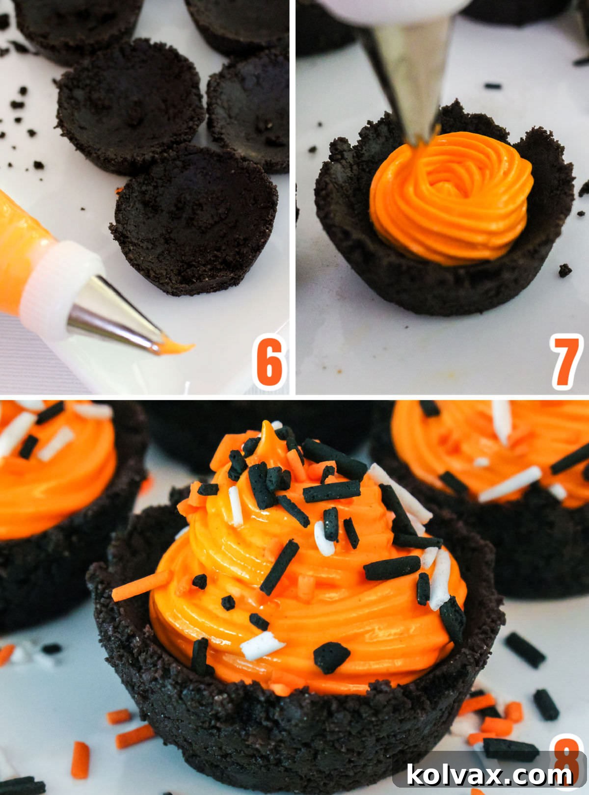 A three-panel collage illustrating the assembly steps for Halloween Oreo Cookie Cups: adding orange food coloring, piping marshmallow cream into the cookie cups, and finally topping with Halloween sprinkles.