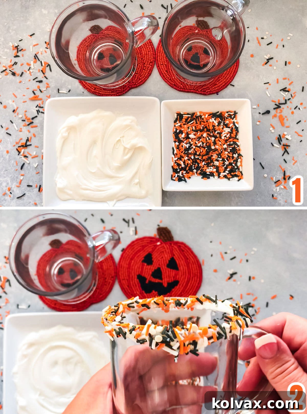 Collage image showing the steps for decorating the glass with chocolate and sprinkles.