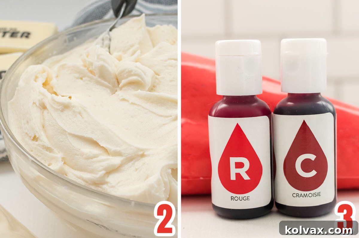 Collage image showing a glass bowl filled with buttercream frosting and the buttercream frosting tinted red.