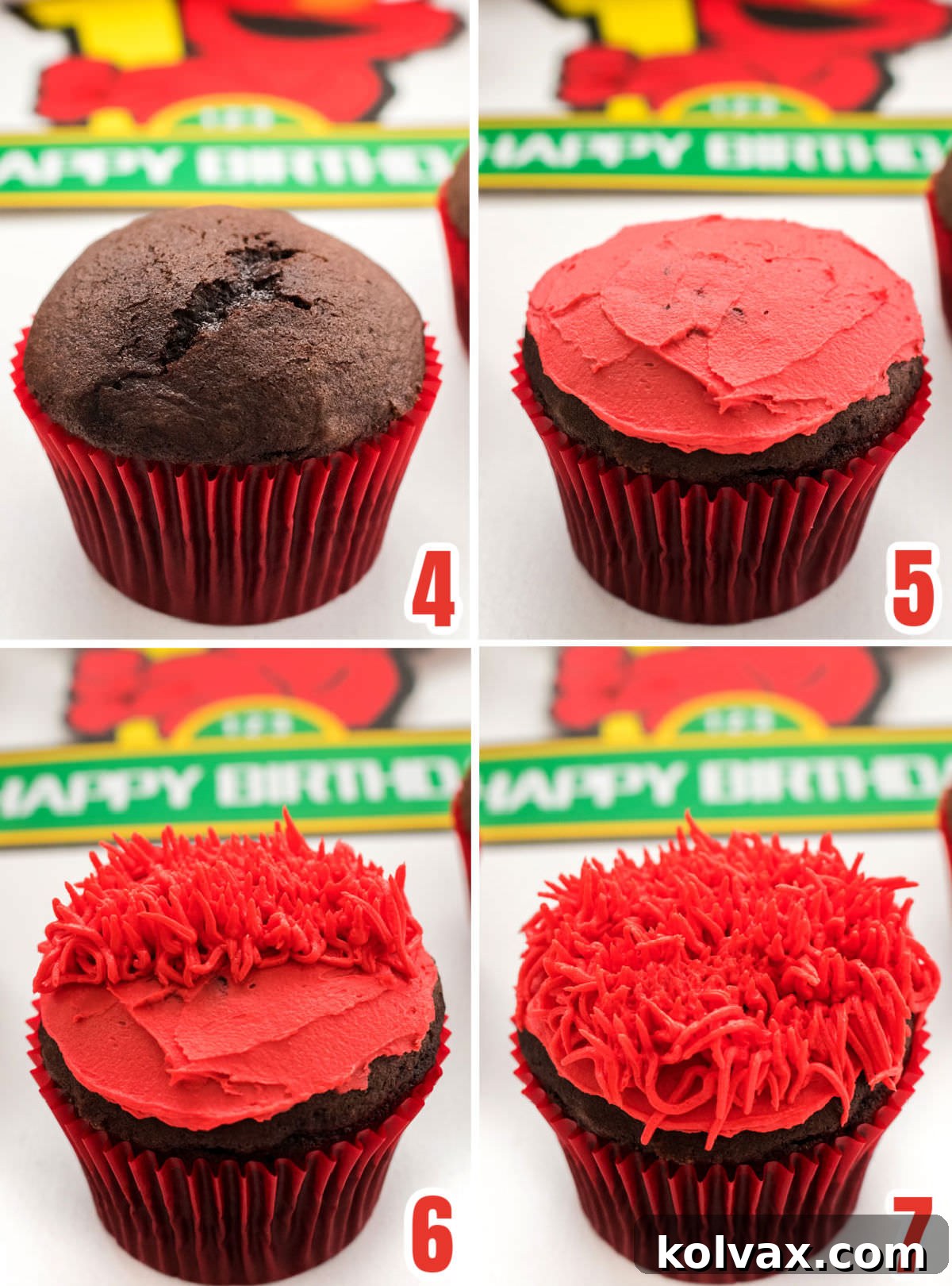 Collage image showing how to frost the cake with Red Buttercream Frosting with a grass decorating tip.