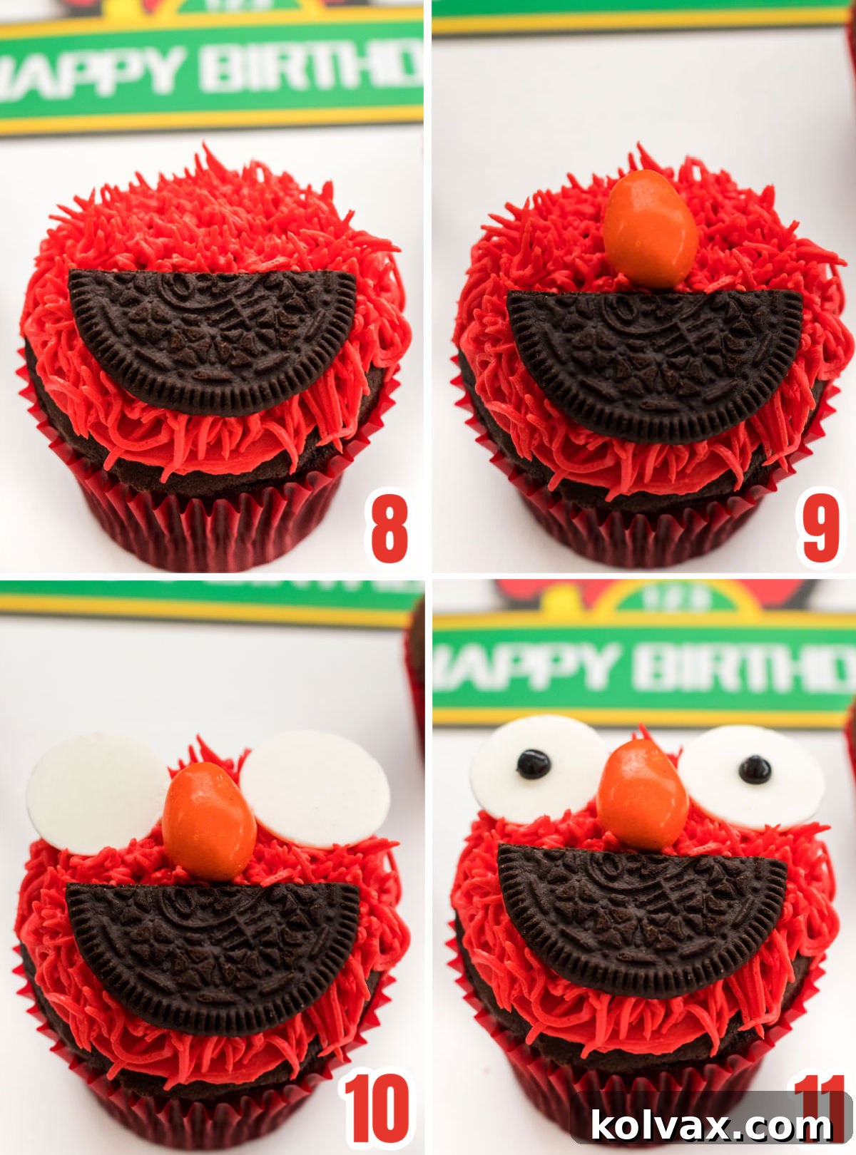 Collage image showing the steps for creating the Elmo face using Oreo Cookies, Candy Melts and an M&M nose.