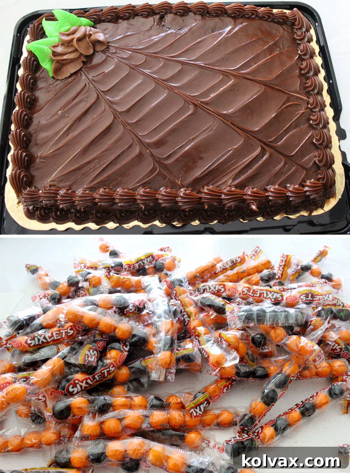 A collection of ingredients for an Easy Halloween Cake, including a pre-frosted chocolate sheet cake and bags of orange and black Sixlets candies.