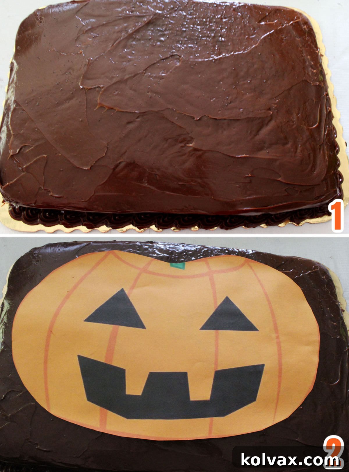 Collage showing the first steps to decorate an Easy Halloween Cake: smoothing frosting, printing a pumpkin template, and tracing the outline onto the cake.
