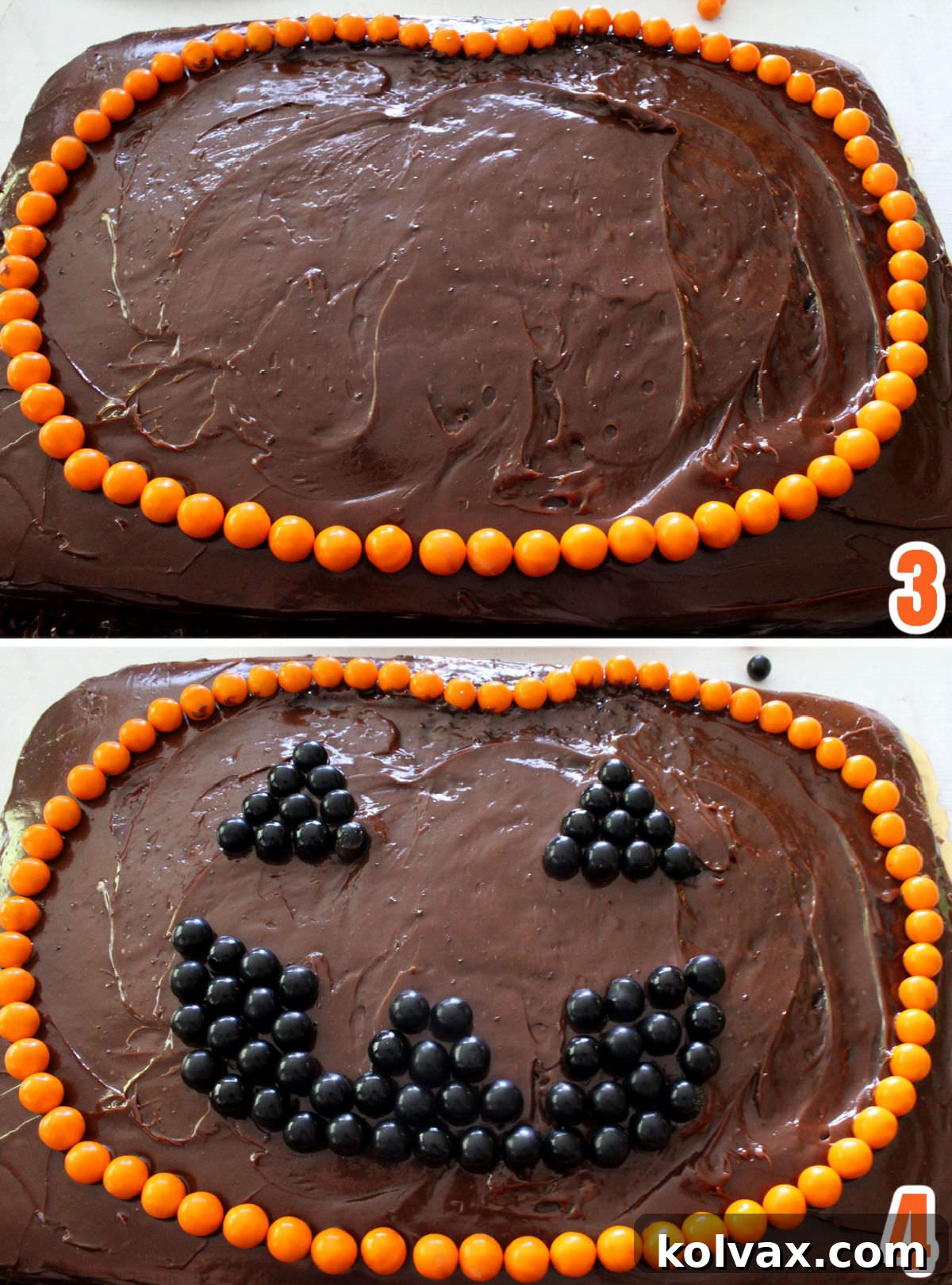 Collage showing the process of outlining the pumpkin shape with orange Sixlets and then adding black Sixlets for the eyes and mouth on the Easy Halloween Cake.