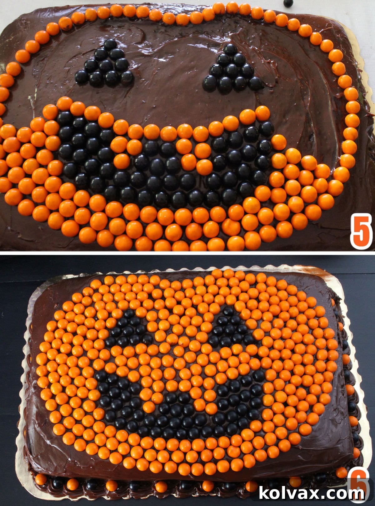 Collage showing the final stages of decorating an Easy Halloween Cake: filling the pumpkin with orange Sixlets and adding a decorative candy border.