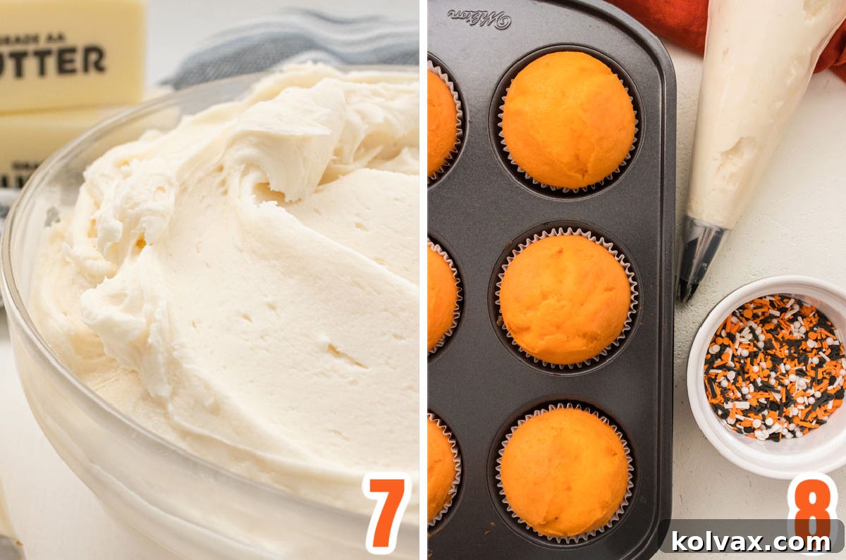 Collage image showcasing the ingredients for Buttercream Frosting and Halloween sprinkles, preparing for the final decorating stage.