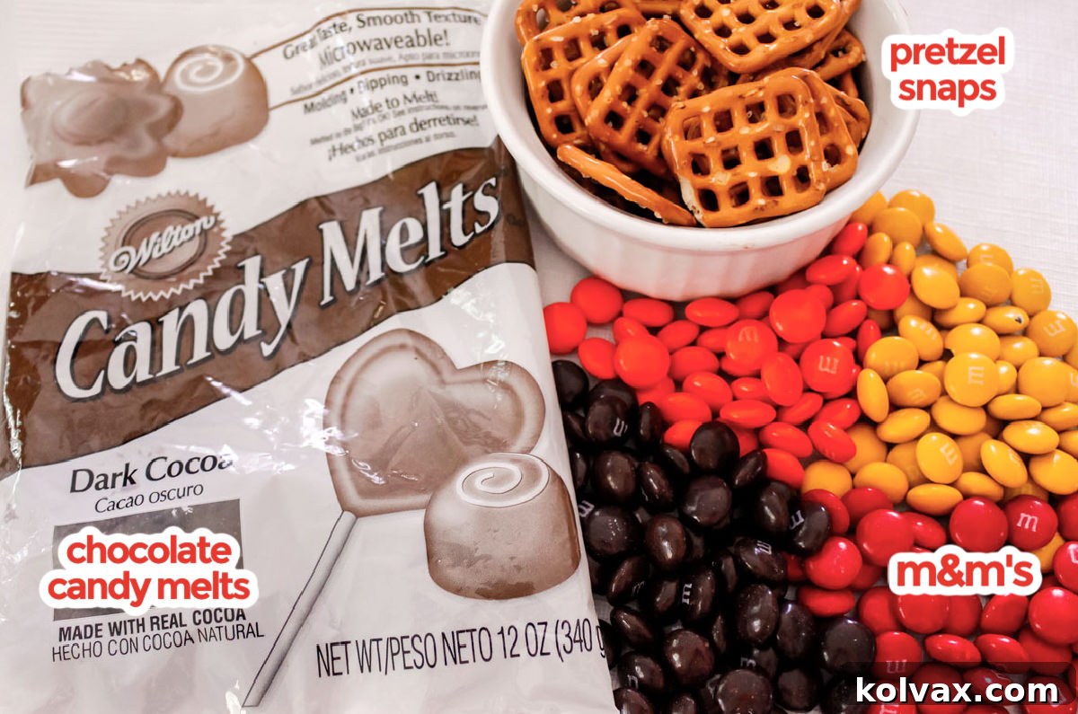 All the key ingredients meticulously laid out to make Harvest Flower Pretzel Bites, including a bag of square Hanover Pretzel Snaps, a selection of chocolate candy melts, and festive Fall-colored M&M's.