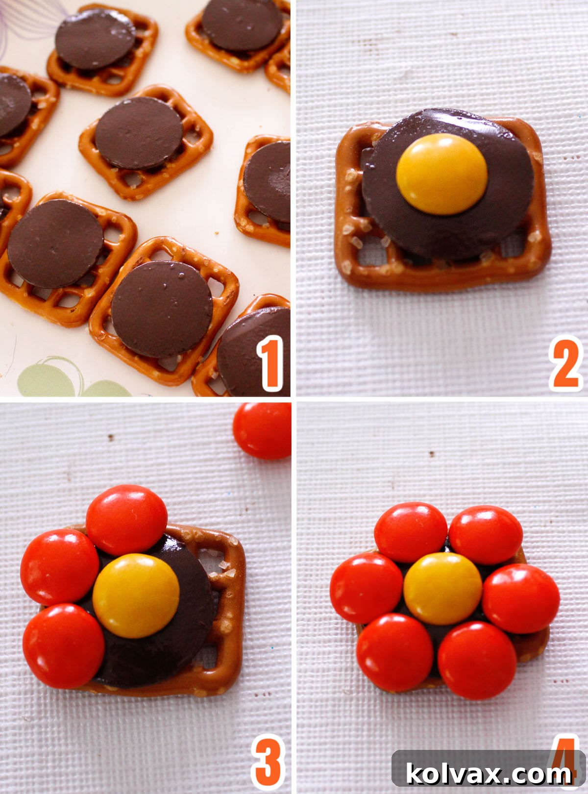 A detailed collage image showing the step-by-step process for applying colored M&M's to the melted candy melts on Pretzel Snaps, illustrating how to form the flower shape.