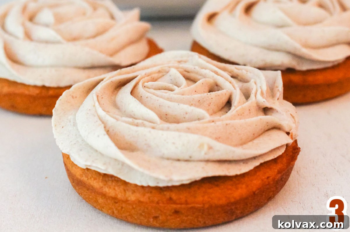 A single Pumpkin Mini Cake, beautifully frosted with a swirl of rich cinnamon buttercream, stands prominently in a close-up shot, showcasing its appealing texture and festive design.