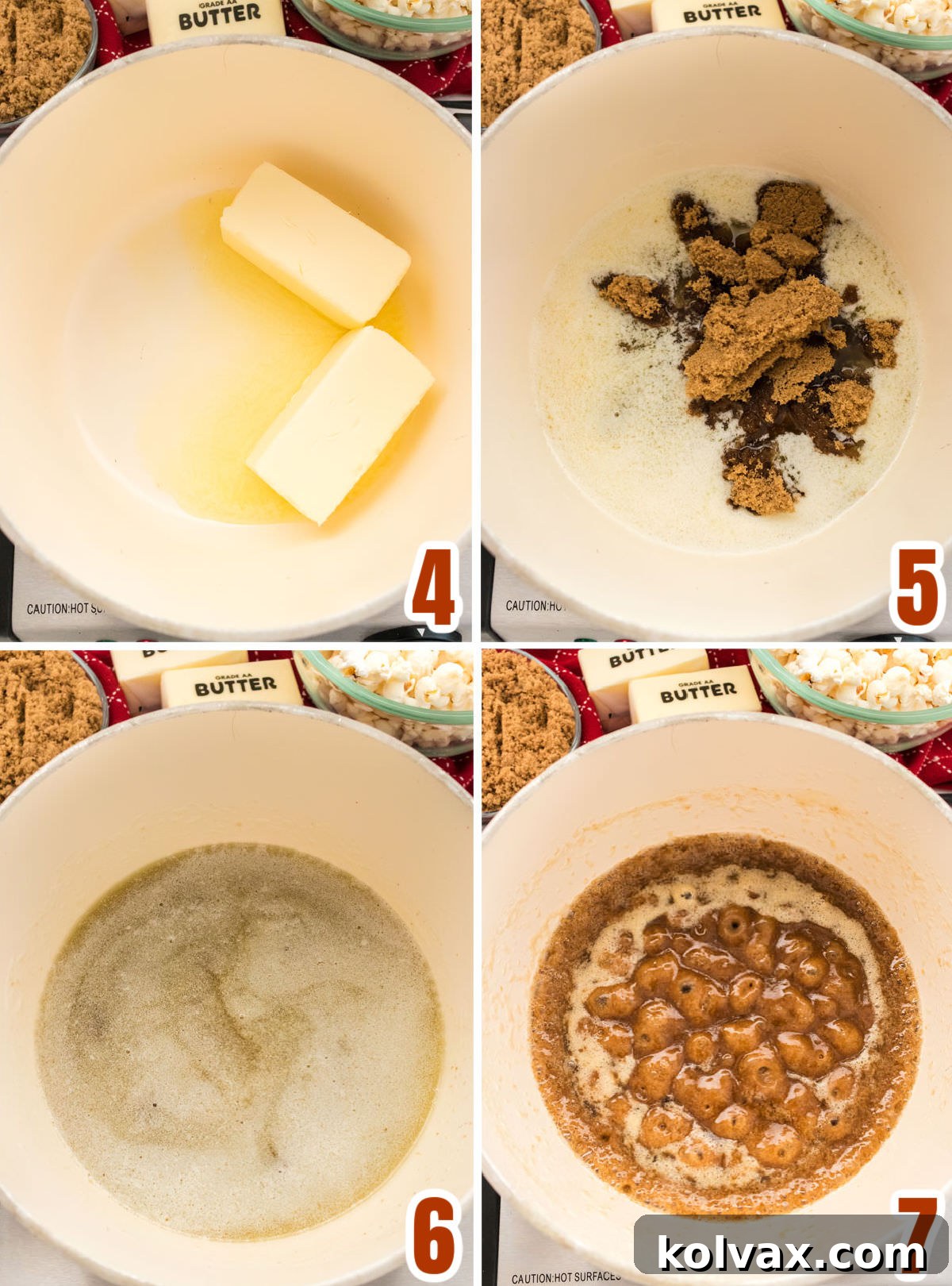 Collage image showing how to combine and heat the ingredients for the Caramel Corn mixture.