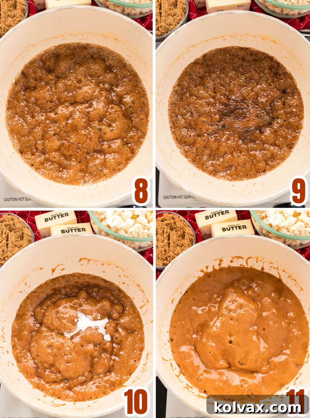 Collage image showing the different steps for making the caramel corn mixture.
