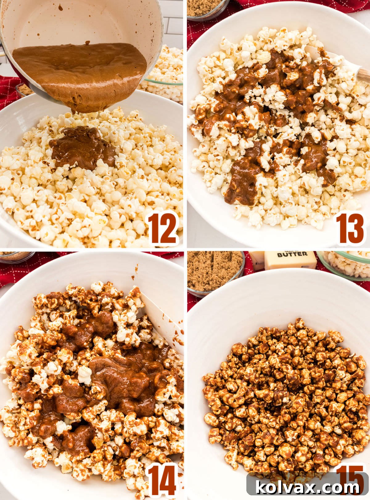 Collage image showing how to cover the popcorn with the caramel mixture.