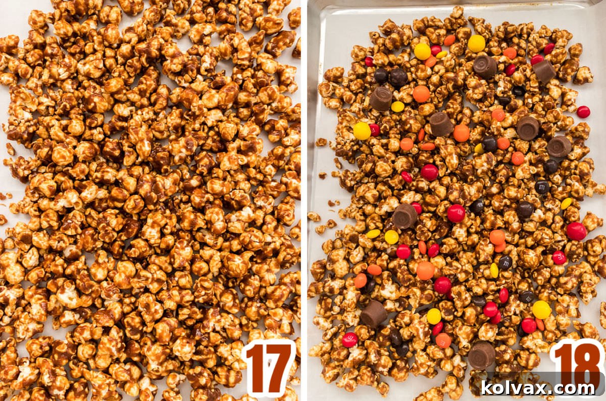 Collage image showing how to add the Candy Mix-in's to the Harvest Caramel Corn.
