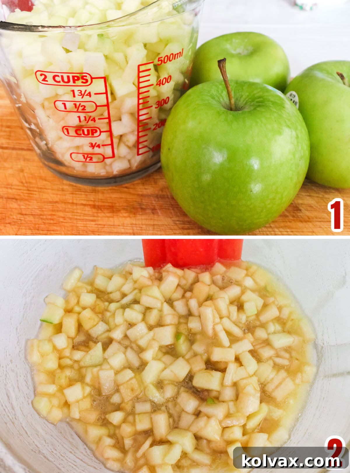 Collage showing diced apples ready to be mixed, followed by the wet ingredients (eggs, sugar, oil, vanilla) being combined for the Apple Bread batter.