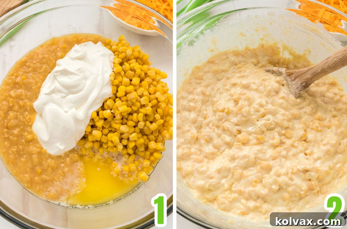 Collage image showing how to make the Corn Casserole mixture in a mixing bowl with a spoon.