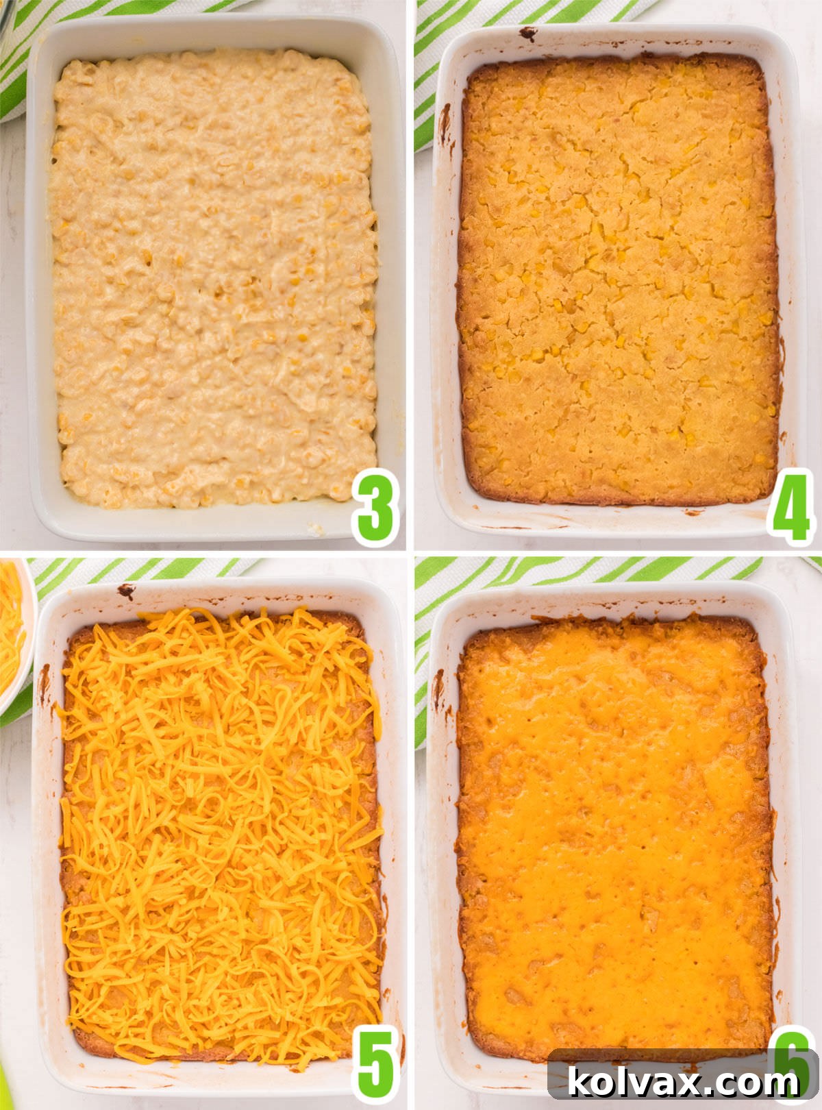Collage image showing the steps for baking the Corn Pudding in a casserole dish, from pouring the mixture to sprinkling cheese and the finished product.