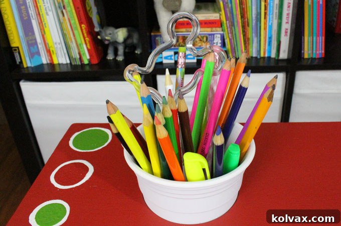 Finished Pencil Caddy with plastic cups in the DIY Kid's Homework Desk