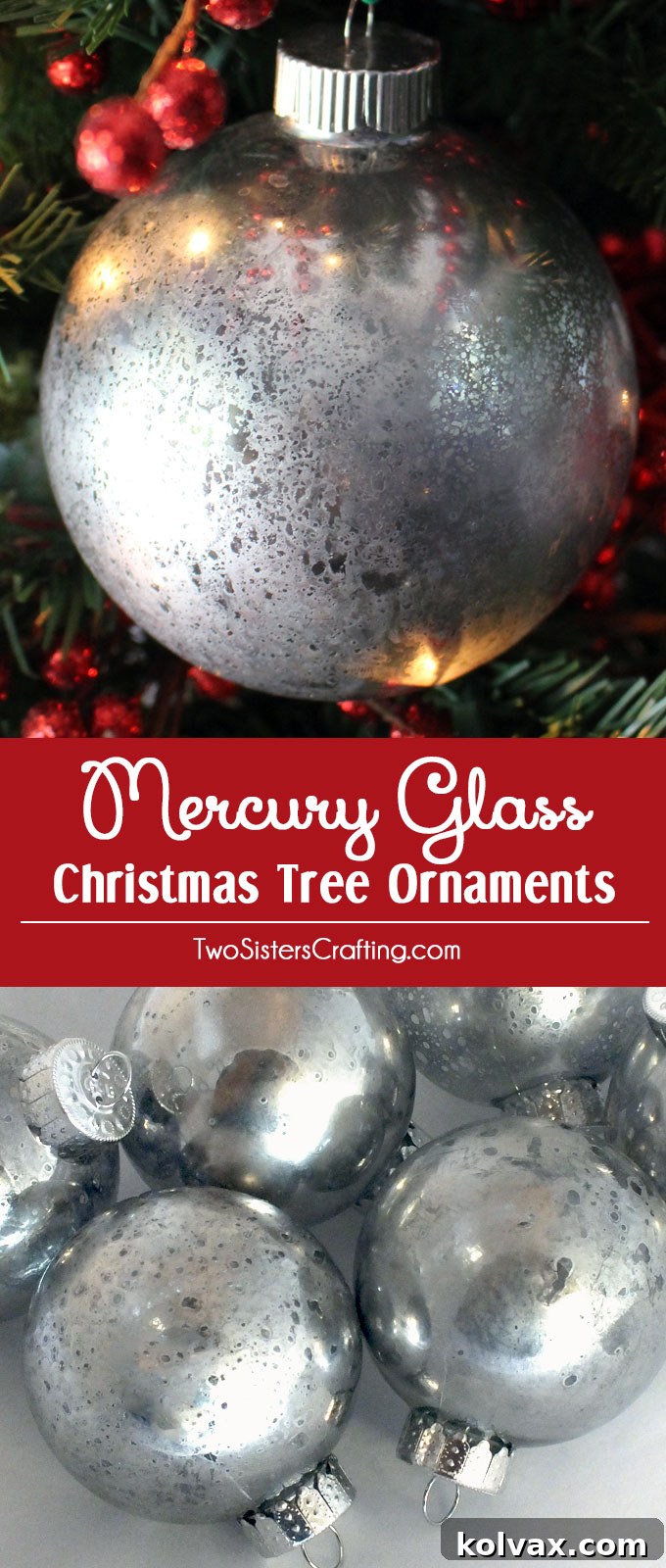 Detailed view of Mercury Glass Christmas Ornaments reflecting tree lights