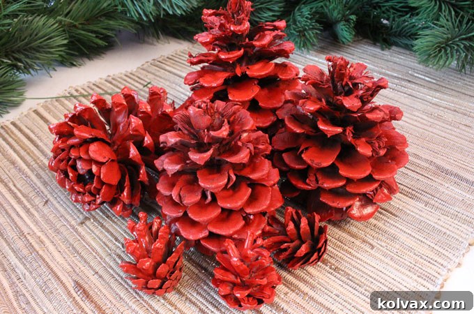 Finished Red DIY Painted Pine Cones Ready for Christmas Decoration